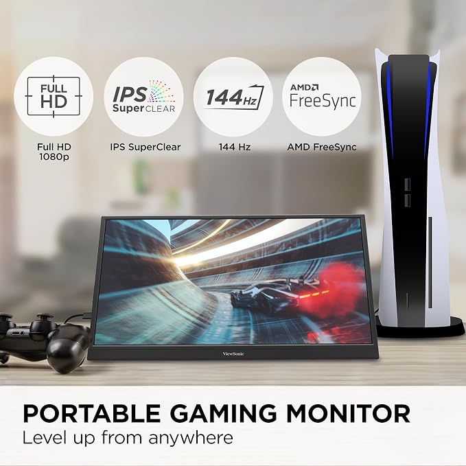 ViewSonic VX1754 17 Inch 1080p Portable Gaming Monitor, IPS 144Hz Display | AMD FreeSync, USB C, Mini HDMI, Laptop, Console, Phone, Built In Stand, Protective Sleeve, 60W Charging, Anti Glare, Travel - Image 2