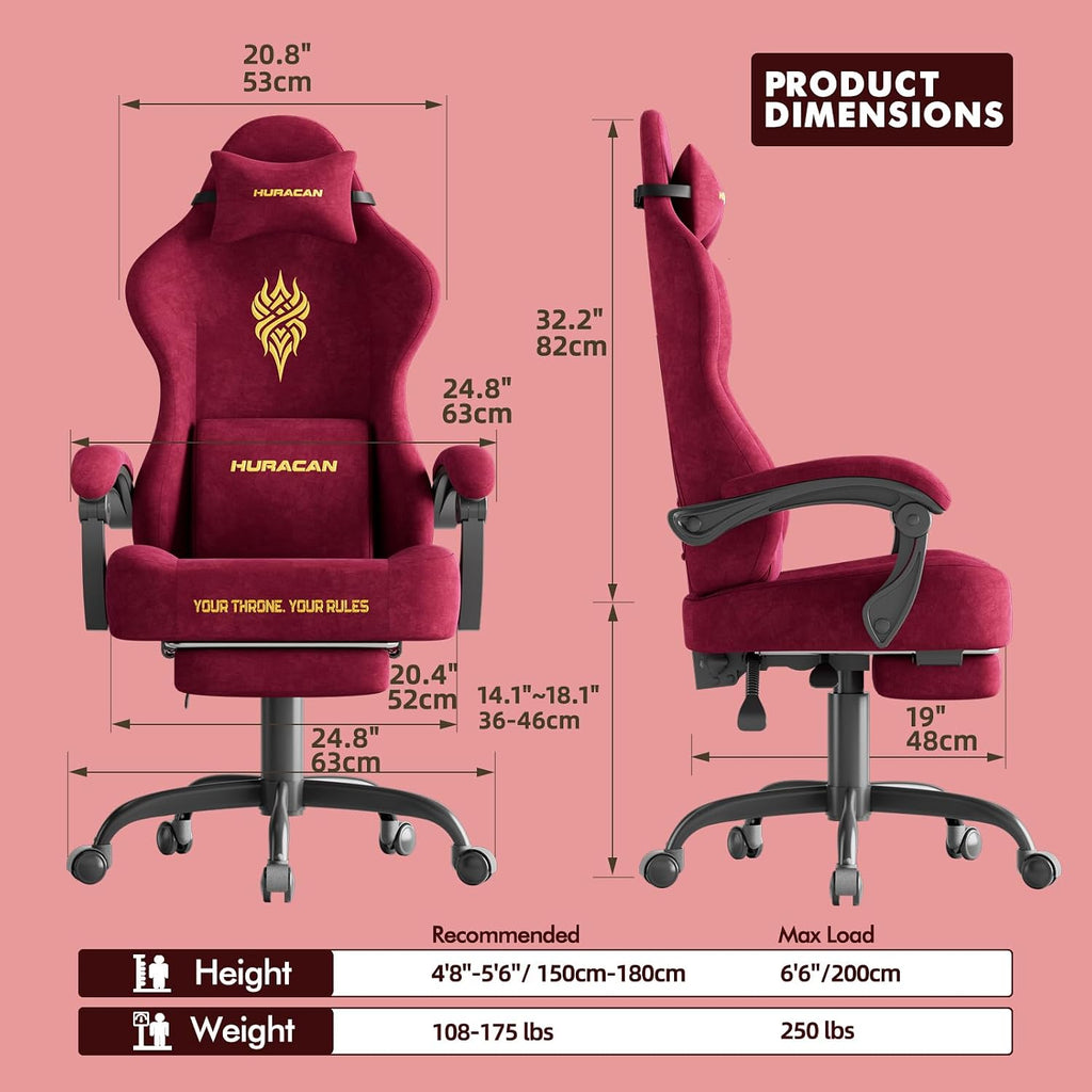 Velvet Fabric Gaming Chair - 20.5″ Wider Seat Cushion, Fire Embroidery, Ergonomic High Back Game Chair with Footrest | Computer Chair with Massage Lumbar Support for Adult, Red - Image 3