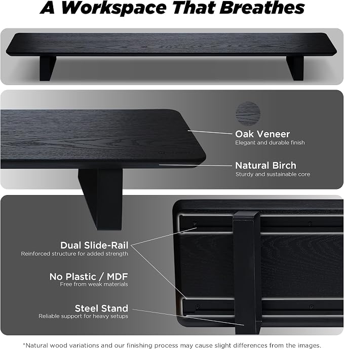 Moodular Wooden Monitor Stand Desk Organizer, Large 45.6" Black | Customizable Organized Workspace, Aluminum Slide Rails, 10 Add-Ons Sold Separately: Storage Drawer, Tablet, Phone & More - Image 3