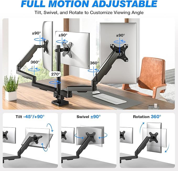 Rfiver Triple Monitor Arm Desk Mount for 17-32" Screens, VESA 75/100mm | Holds up to 19.8lbs per Arm, Full Motion Tilt, Swivel, 360 Rotation, Extra Tall Pole, C-clamp/Grommet Base - Image 2