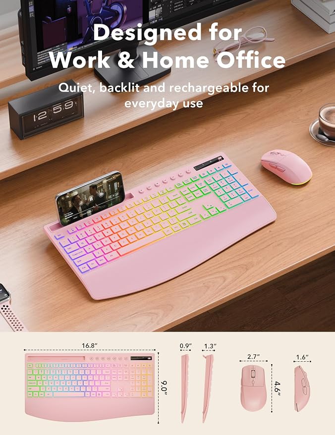 Trueque Wireless Keyboard and Mouse Combo, 4000mAh Battery, Wrist Rest | Rechargeable, 15 Backlit Effects, Full Size, Phone Holder, Quiet Typing, 2.4GHz Wireless, USB-A & C Connectivity for Windows - Image 8