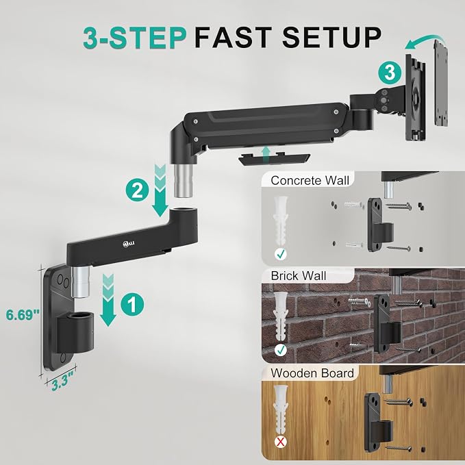 WALI Monitor Wall Mount for 13-49 inch Ultrawide Screens, up to 44 lbs | Heavy Duty Ultrawide Monitor Arm, Wall Mounted, Full Motion with Tilt, Swivel, Rotation, VESA 75/100mm (GSWM001-P), Black - Image 8