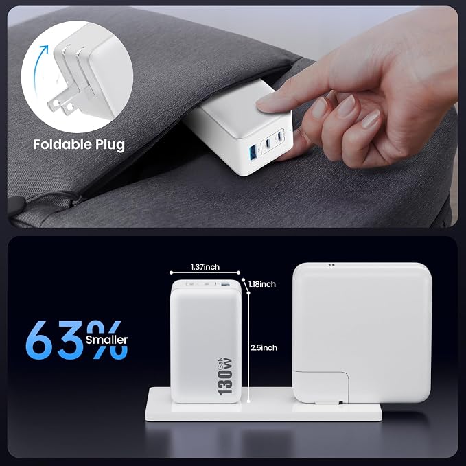 130W USB C Wall Charger,GaN III 3-Port Fast Charging Station,PD QC Foldable Charger Block Portable 65W USB C Laptop Adapter for MacBook Pro/Air,iPad Pro,Galaxy S23,Dell XPS 13,iPhone 16 - Image 6