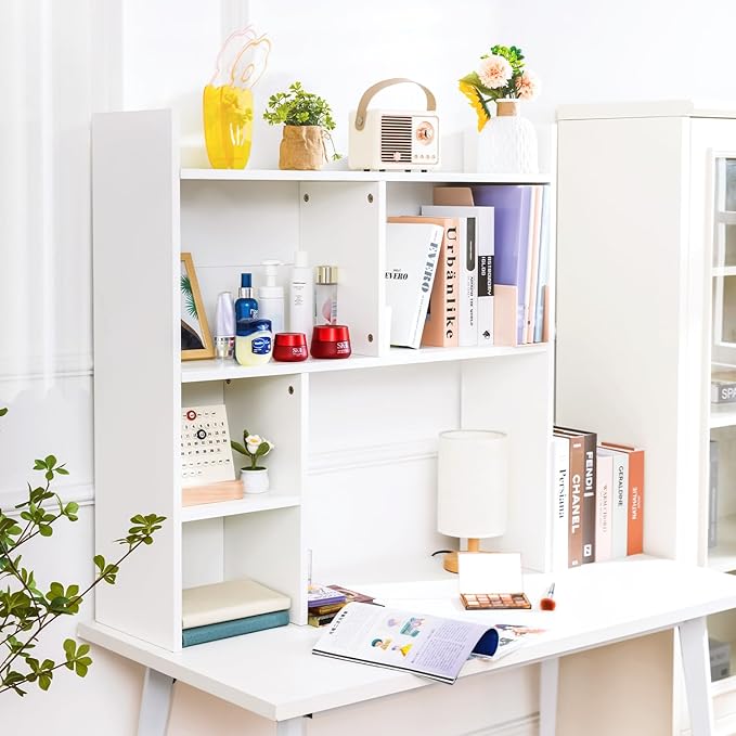 deli Desktop Shelf, Desk Hutch with 5 Shelves for Computer Desk, White | 3-Tier Desktop Display Rack, Multipurpose Wood Desktop Bookshelf Storage Organizer for Dorm Office Home - Image 3