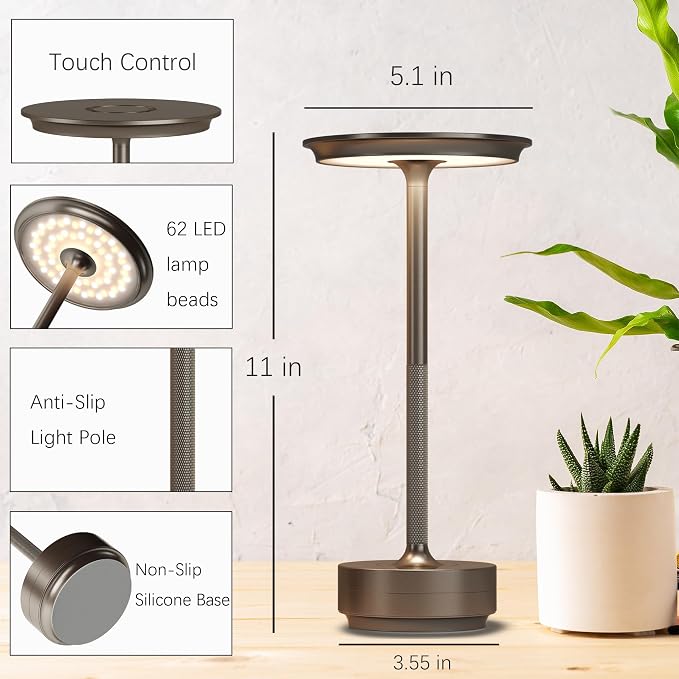 1 Pack Cordless Table Lamps Rechargeable, 5000mAh LED Table Light | Portable 3 Color Stepless Dimming Battery Powered Table Lamp with Memory Function for Restaurant/Home/Outdoor.(Cafe) - Image 7