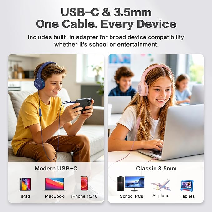 SIMOLIO USB C Wired Kids Headphones, Built-in Microphone & Share Port | USB C to 3. 5mm Dongle, 3-Level Volume Limiter, Over-Ear Headsets w/Pouch, Foldable for Airplane Travel School iPad - Image 2