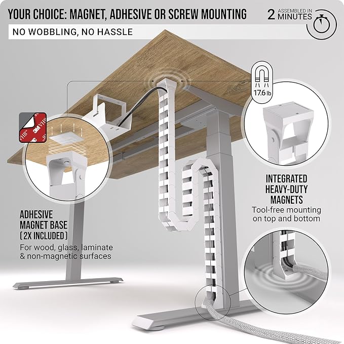 Under Desk Cable Management Vertebrae - Perfect for Sit Stand Desk - White, 133 cm - Image 3