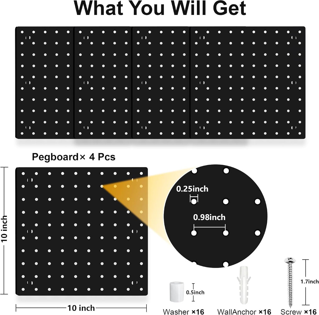 4Pcs Peg Board, Black Pegboard Wall Organizer Panels Wall Mount, ABS Pegboard for Craft Room Garage Kitchen Workshop, ABS Peg Boards Easy Installation - Image 2