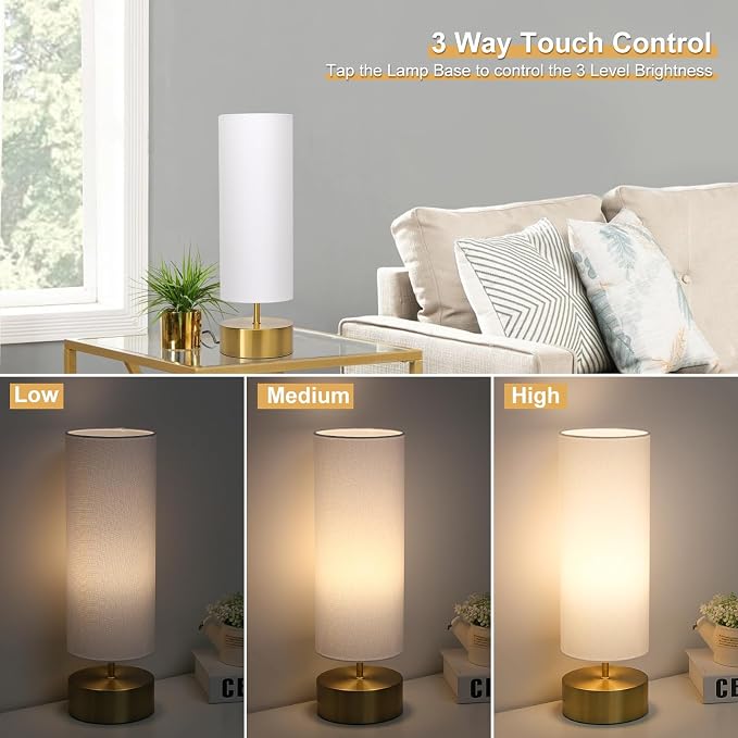 3-Way Dimmable Table Lamp, Touch Control Gold Bedside Lamp with White Shade | Modern Nightstand Touch Lamp, Simple Side Table Lamp, Night Light for Bedroom Living Room Kitchen, LED Bulb Included - Image 3