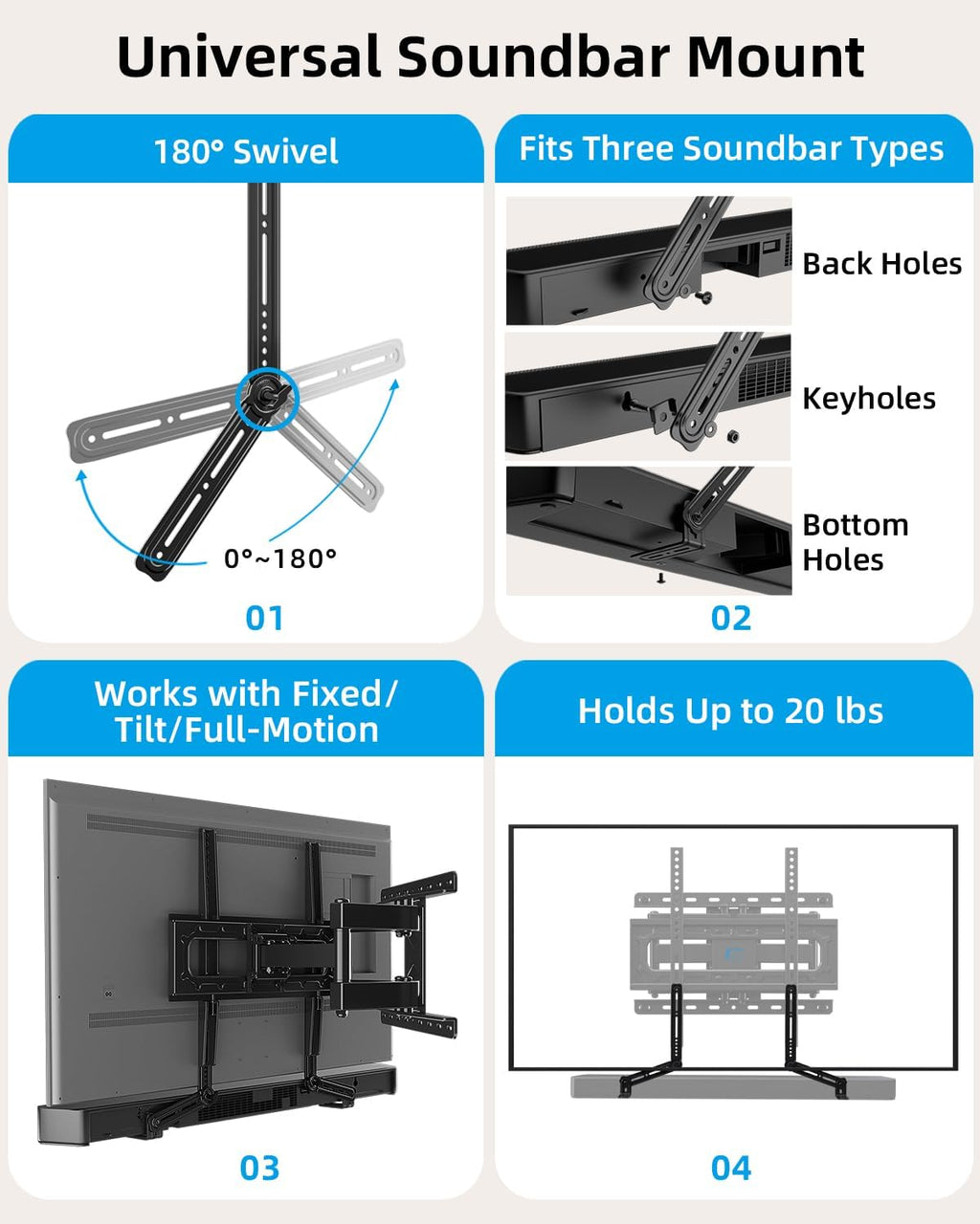 HOME VISION Full Motion TV Mount Soundbar Bundle for 26-70" TVs, 132 lbs - Image 4