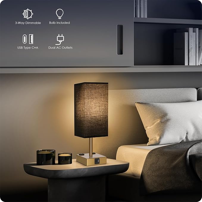 Bedside Lamp with USB Ports - Touch Control Table Lamp for Bedroom with USB C+A Charging Ports & AC Outlets, 3 Way Dimmable Nightstand Light for Living Room (LED Bulb Included, Brass - Black) - Image 2