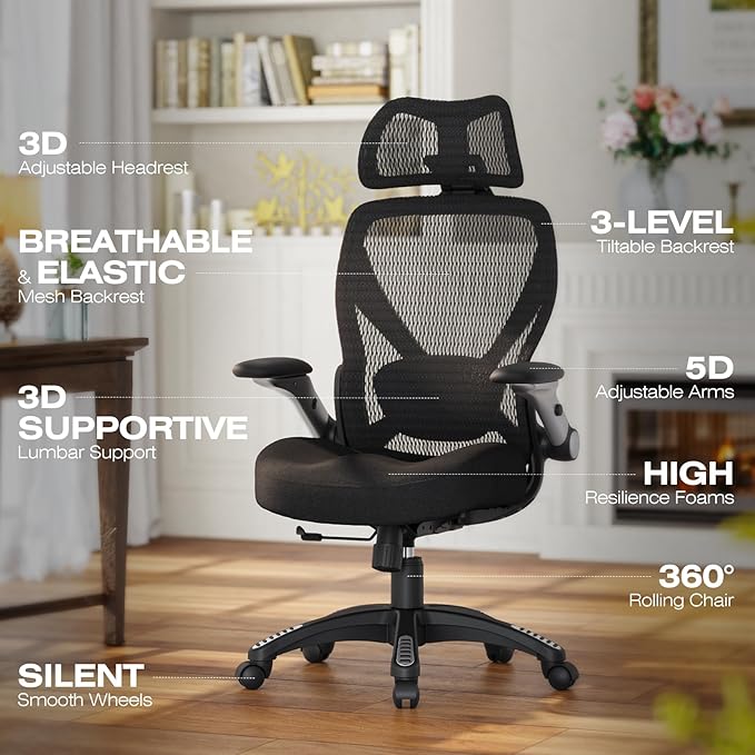 X100 Ergonomic Mesh Office Chair, Big and Tall Home Desk Chair with 5D Flip-Up Arms, Adjustable 3D Lumbar Support, Gaming & Executive Computer Chair - Image 3