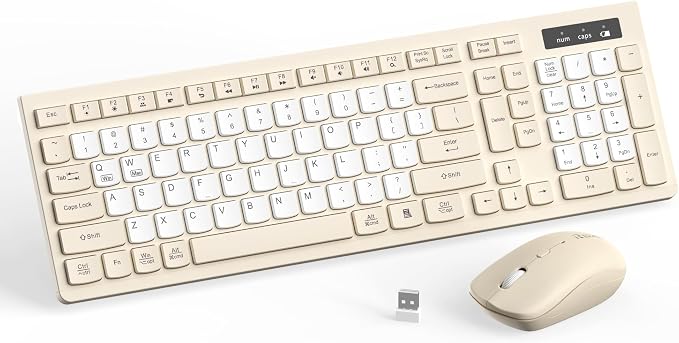 Wireless Keyboard and Mouse Combo Silent for Office and Home(Latte Color-B) | 2.4G Full Size Silent Cordless Keyboard with Tilt Legs,3-Level DPI Quiet Mouse,for Windows/Mac OS/Desktop/Laptop/PC by RECCAZR