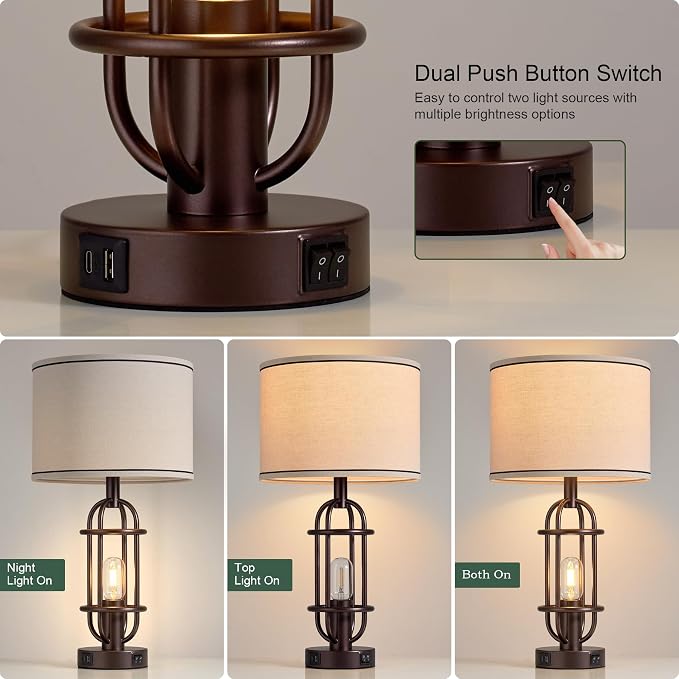 Reaketon Living Room Lamps Set of 2, 22.3" Farmhouse Table Lamp for Bedroom, Vintage Lamps for Night Stands with USB Ports, Oil Rubbed Bronze - Image 2