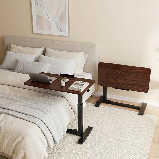 DUMOS Rolling Desk, Laptop Desk, Overbed Table with Wheels | Mobile Overbed Bedside, Portable Computer Workstation, Bed Sofa Couch, Adjustable Height, Chocolate - Image 2
