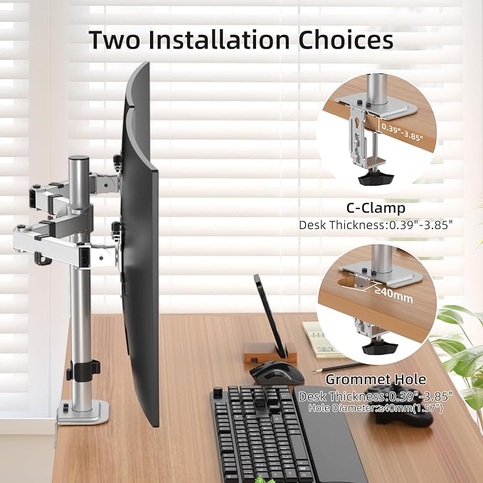 Suptek Dual Monitor Desk Mount, Adjustable Dual Monitor Arm for 2 Monitor Screens up to 38 inch, Extra Tall 15.75" Pole Monitor Stand for Desk, Holds up to 22 lbs,Silver(MD9442MS) - Image 4