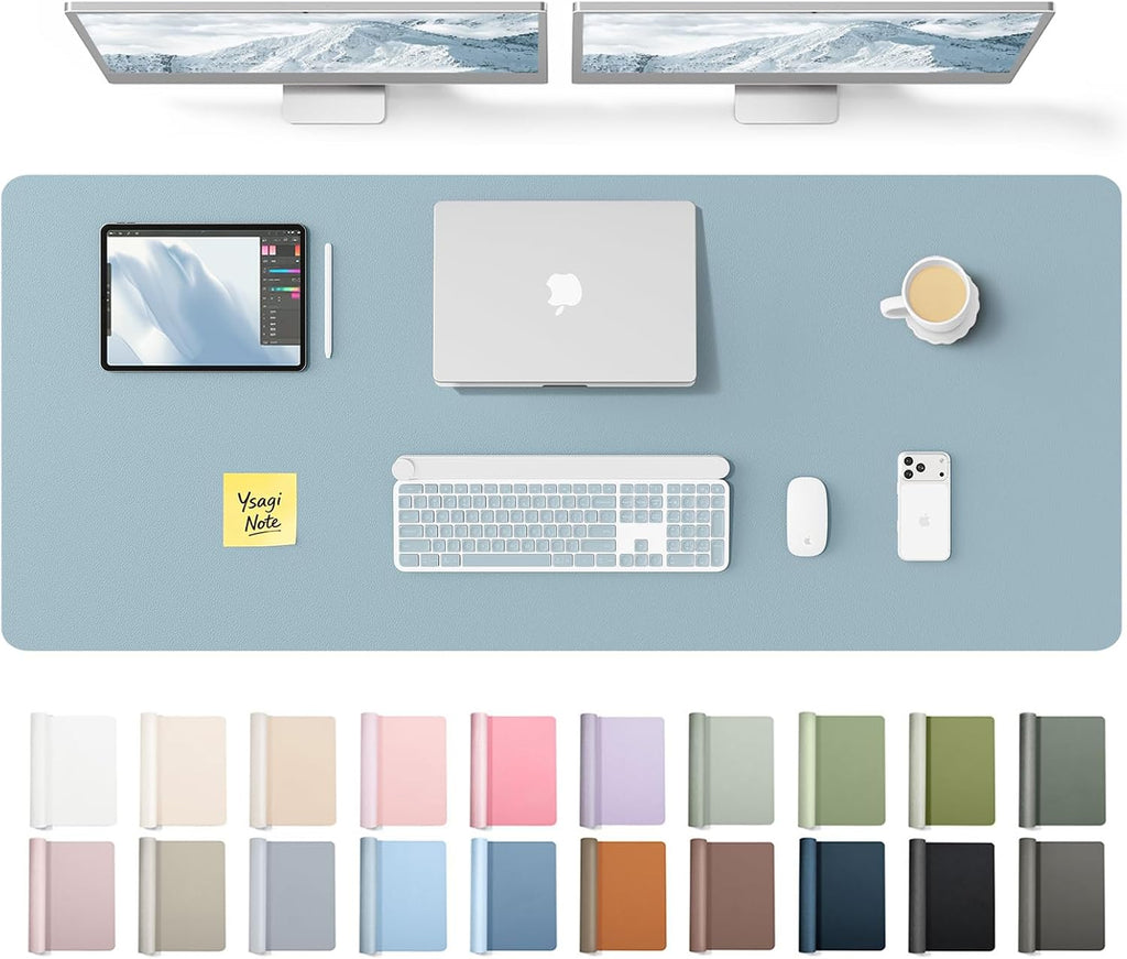 YSAGi Leather Desk Pad Protector, Office Desk Mat, Large Mouse Pad, Non-Slip PU Leather Desk Blotter, Laptop Desk Pad, Waterproof Desk Writing Pad for Office and Home (Ice Blue,55" x 17.2") by YSAGi
