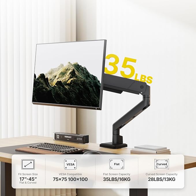 monTEK Single Monitor Arm for Max 45 Inch Ultrawide Screens, Holds 35 Lbs | Adjustable Monitor Desk Mount with C Clamp/Grommet Desk Mount, Cable Management, VESA 75/100mm, Black - Image 3