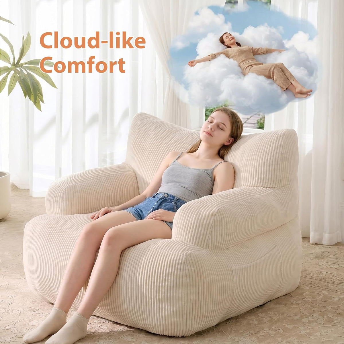 HUGHEAVEN Bean Bag Chair for Adults & Teens, Comfy Bean Bag Sofa, Beige, - Image 3