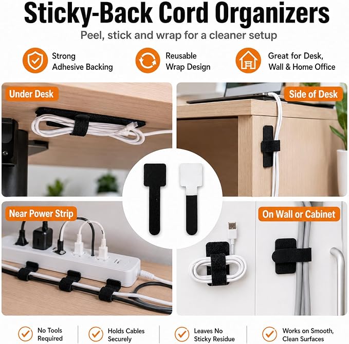 Cable Management Kit, 135 Pcs Reusable Cable Ties and Cord Labels | with Adhesive Cable Clips, Hook and Loop Straps for Under Desk Wire Organizer Home Office - Multicolor - Image 5