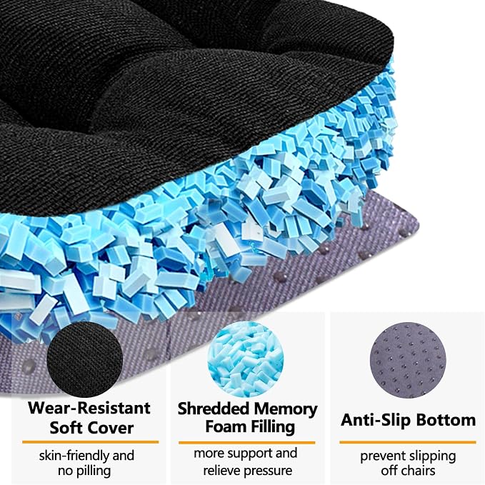 MAGIC ELEPHANT Chair Cushions for Dining Chair, Shredded Memory Foam Kitchen Chair Cushions Set of 4, Non-Slip Thick Dinning Room Chair Pads Seat Cushions, 15.5" x 15.5" x 4" (Black) - Image 2