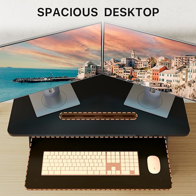 JOY worker Standing Desk Converter, 32" Height Adjustable Sit Stand Riser | Black Desktop Sit to Stand Riser with Fixed Keyboard Tray, Monitor and Laptop Workstation, Particle Board, for Home Office - Image 4