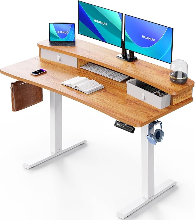 HUANUO 48″ x 24″ Electric Standing Desk with 2 Drawers, C-Clamp Mount Compatible, Height Adjustable Computer Desk, Home Office Stand Up Desk with 4 Preset Heights & 2 Hooks, Light Vintage by HUANUO