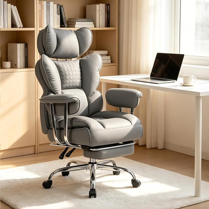 Big and Tall Office Chair 350 LBS, Scratch-Resistant PU Leather Executive Office Desk Chair with Footrest, Ergonomic Reclining Computer Chair with Pocket Spring Support for Home Office, Grey by SimpleDeluxe