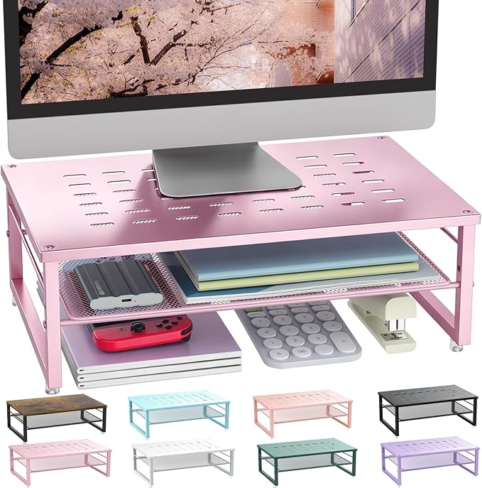 gianotter 2-Tier Metal Monitor Stand Riser | Desk Organizers and Accessories, Desk Organizer for Monitor, Office Desk Storage Organizer for Office Supplies (Pink) by gianotter