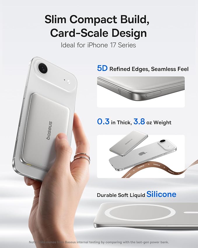 Baseus Picogo Power Bank, 0.3" Ultra Slim 5000mAh MagSafe Battery Pack, Upgraded CCC Certified and Polished Alloy Magnetic Portable Charger, Wireless Charger for iPhone 17/16/15/14/13/12 - Image 2