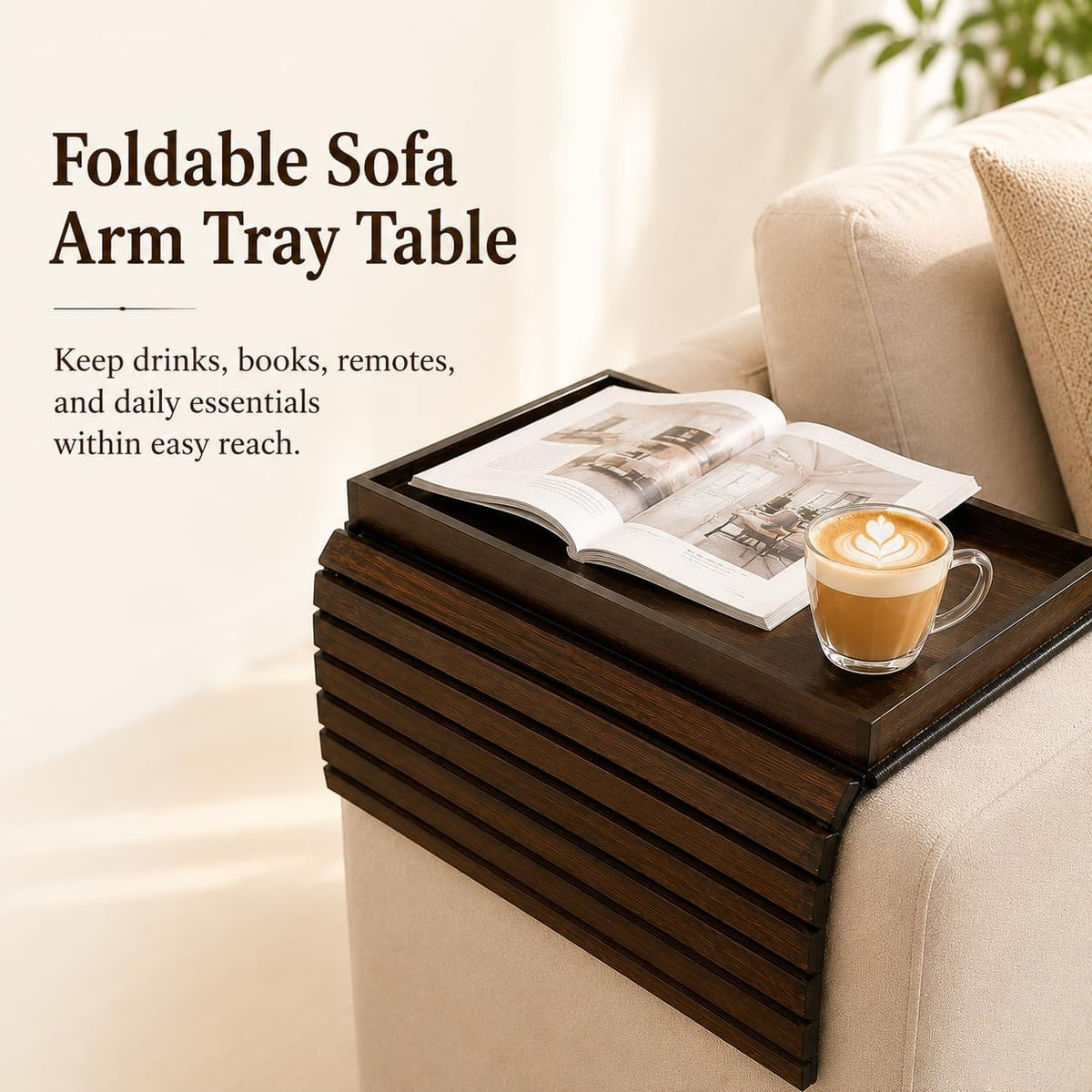 Bamboo Couch Arm Tray with Walnut Finish, Foldable Sofa Armrest Tray - Image 3