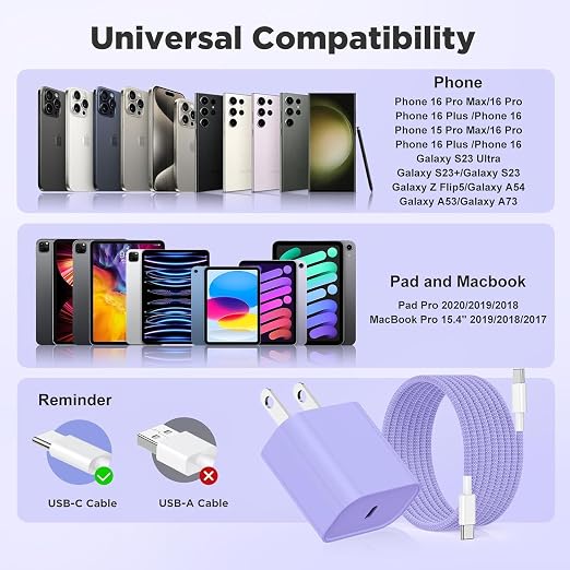 Hzevn 20W USB C Fast Charging for iPhone 17 Air/16/15 Pro Max,3Pack Colorful Mixed Charger Block with Braided Long USB C to C Cables (6/6ft) Compatible with iPhone16/15 Pro/15 Plus/iPad Pro - Image 7