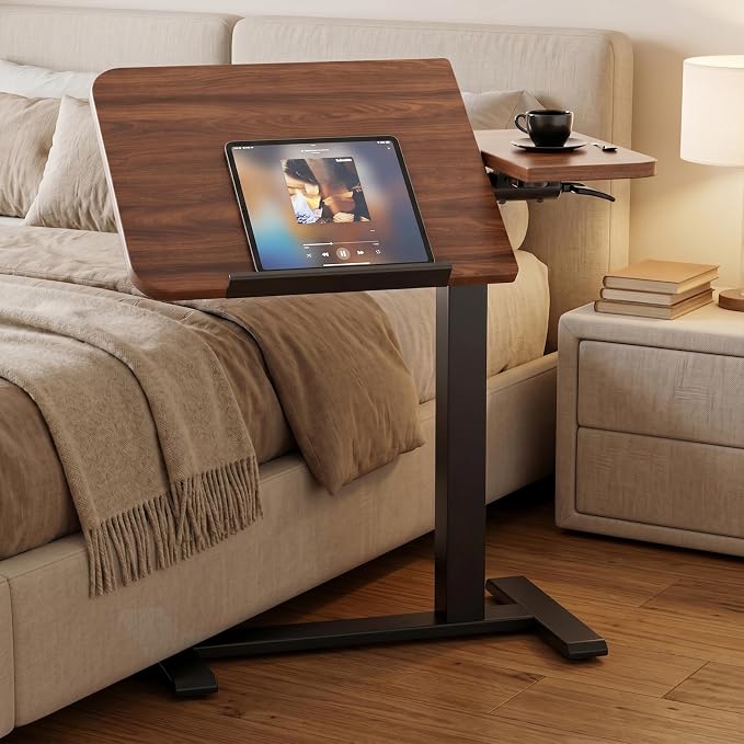 GTPLAYER Pneumatic Adjustable Standing Desk, 28 Inch Tiltable Mobile Rolling Laptop Table with Wheels, Overbed Bedside Table Computer Workstation for Home Office, Walnut by GTPLAYER