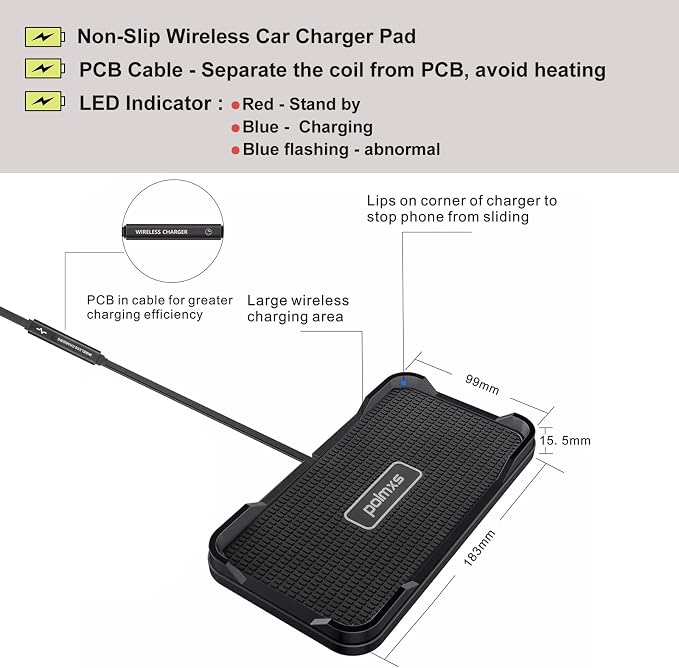 Wireless Charger Car Charging pad,Polmxs 15W Fast Wireless Phone Charger Cell Phone Cordless Charging mat Compatible with iPhone 11/12/12/14/15 Galaxy S21/S22/S23/24 (C12Y) - Image 6