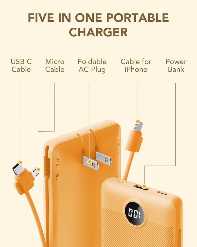 VRURC Portable Charger, Power Bank Built-in Cables and AC Wall Plug | USB C Power Bank 10000mAh Travel Essentials Phone Charger Compact External Battery Pack For Smart Phones, Tablets etc-Orange - Image 3