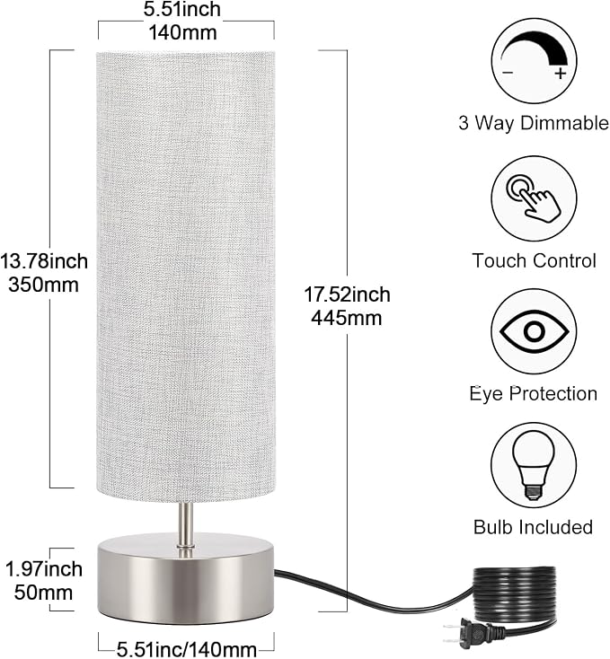 Bedside Touch Lamp, 3 Way Touch Control Table Lamp, Modern Nightstand Lamp | Silver Base with Gray Cylinder Shade, Simple Dimmable Night Light for Bedroom Living Room Kitchen, LED Bulb Included - Image 2