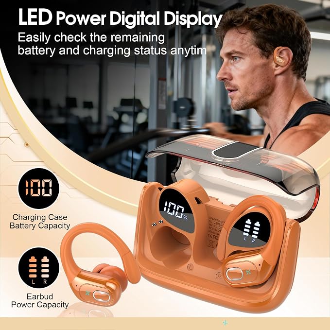 Aptkdoe Wireless Earbuds 75H Bluetooth 5.4 Sport Headphones with Earhooks | IPX7 Waterproof In-ear Buds Feature ENC Noise Cancelling Mic. Stereo Sound Device for Gym Running Workout, Cosmic Orange - Image 6
