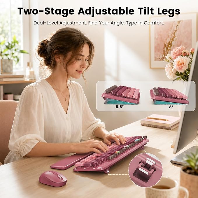 Wireless Keyboard and Mouse Combo, Round Keycaps, Full-Size Retro Typewriter Keyboard with Magnetic Wrist Rest, Tilt Legs, 2.4GHz Cordless for Mac, Windows PC, Laptop, SABLUTE CK23, Dusty Rose Ombre - Image 4