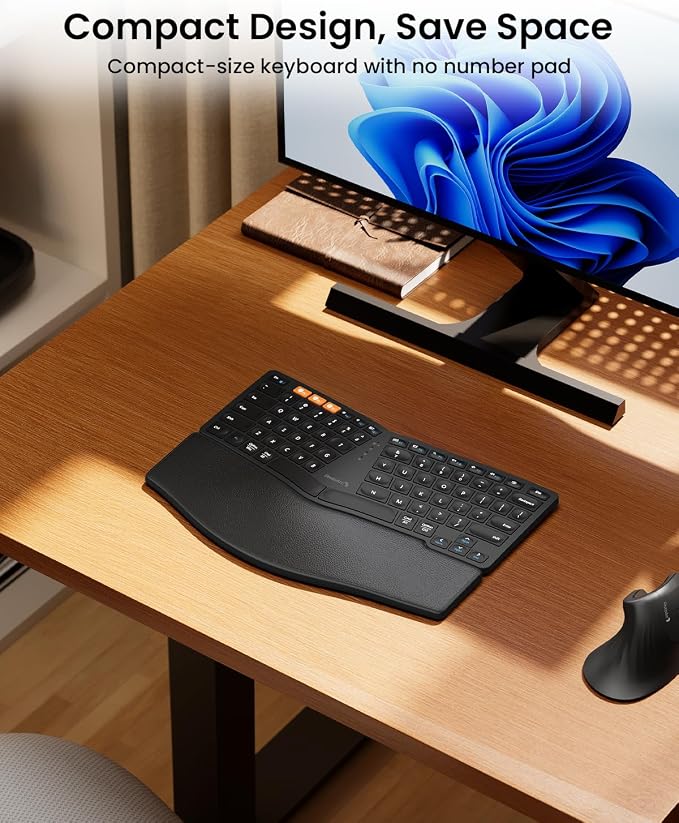 ProtoArc EK04 Mini Compact Wireless Ergonomic Keyboard - Black | Hard Palm Rest, 3-Device Bluetooth/2.4G, Split Design, Rechargeable, Compatible with Windows, Mac OS - Image 2