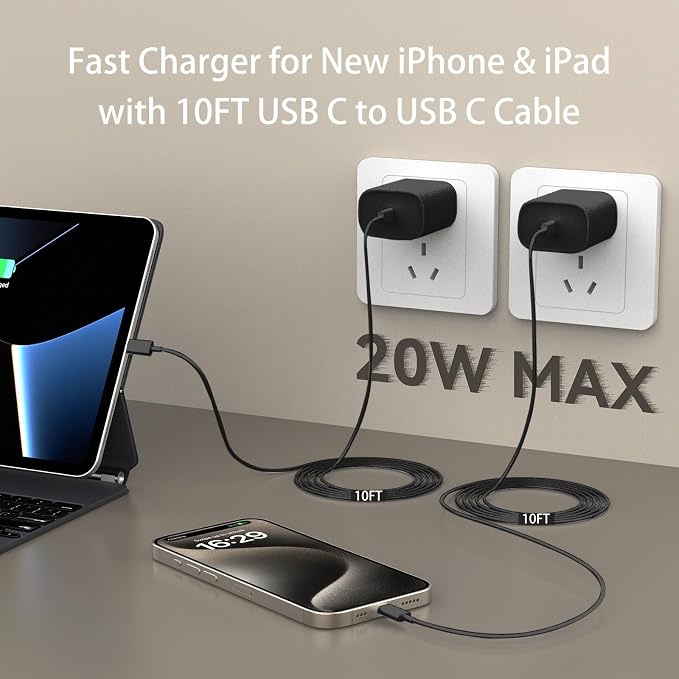 iPhone 17 16 15 Pro Max Charger Fast Charging, 10 FT iPhone 17 Charging Cable Long USB C 10FT Cord with 20W PD Fast iPhone 17 Pro Max Chargers Block for iPhone 17/17 Pro Max/17 Air/16/15 Series, iPad - Image 5