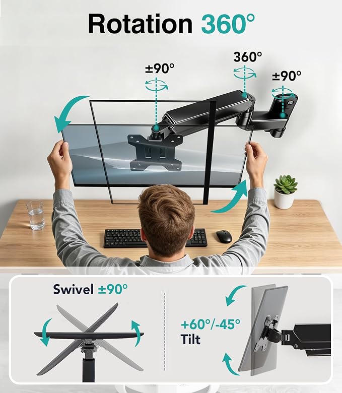 Single Monitor Wall Mount for 17 to 32 inch Flat/Curved Computer Screens,Full Motion Adjustable Mechanical Spring Monitor Wall Arm Holds Up to 22lbs,VESA Wall Mount 75x75/100x100, Black - Image 4