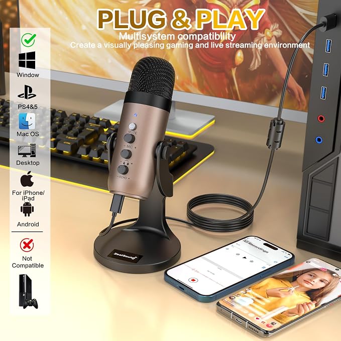 ZealSound Podcast Microphone for PC, Noise Cancellation USB Mic with Gain, Volume Adjustment & Mute Button, Monitoring & Echo, for YouTube, TikTok, Podcasting, Streaming, iPhone, iPad, Android, Mac - Image 2