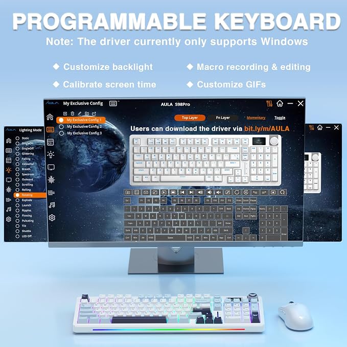 AULA S98 Pro Wireless Mechanical Keyboard,Smart Screen & Knob,Tri-Mode BT5.0/USB-C/2.4GHz Creamy Keyboard,Pre-lubed Linear Switches,Hot Swappable RGB Backlit Computer Gaming Keyboards - Image 6