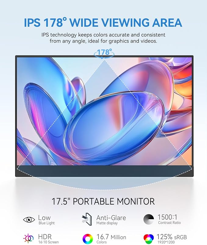 UPERFECT 17.5" Portable Monitor, 125% sRGB, 400 Nits IPS Display | 1920×1200 FHD, 16:10, USB-C & HDMI, Adjustable Stand, Eye Care Screen Extender for Laptop, MacBook & Gaming - Image 4