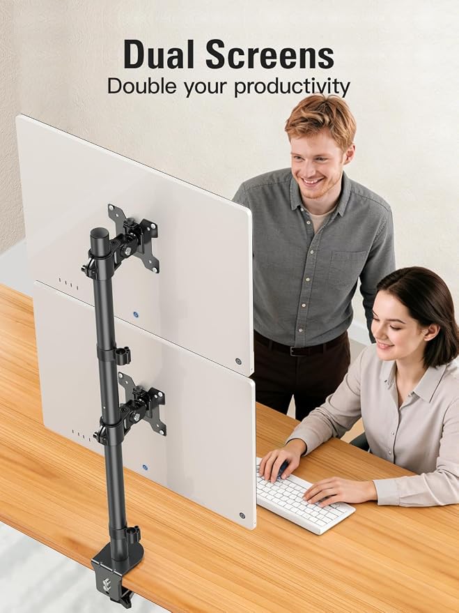 Stable Vertical Dual Monitor Stand, Stacked Monitor Mount for 2 Screens Up to 32 inch, Full Motion Monitor Desk Mount with Swivel, Tilt, Rotation, Holds 17.6 lbs Each, Max VESA 100x100mm - Image 4