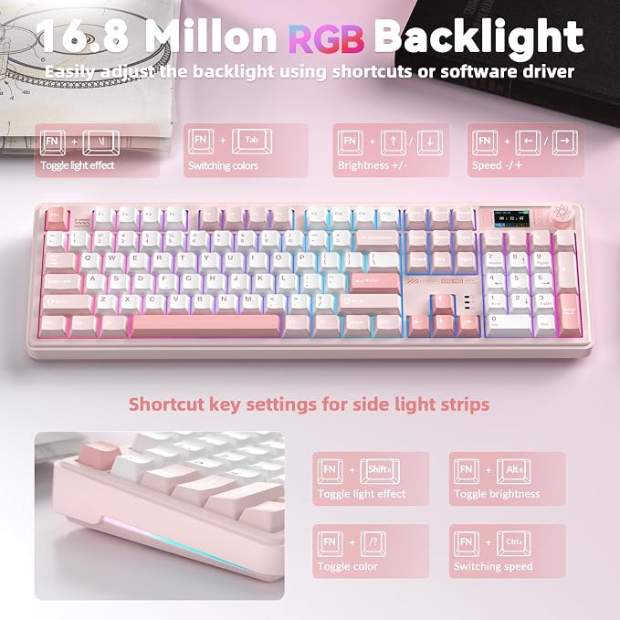 LINGBAO K108 Pro Wireless Mechanical Pink Creamy Keyboard with Number Pad | Full Size Mechanical Keyboard with 10000mAh Battery, PBT Keycaps, Gasket Mount, RGB Backlit Hot-swap Custom Keyboard for PC - Image 6