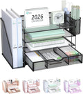 WALI Desk File Organizer, 4 Tier Desktop Paper Letter Tray Organizer with Drawer and 2 Pen Holders, Office Desk Accessories & Workspace Organizers for Office, Home Supplies(DO005DH-B), 1 Pack, Black by WALI