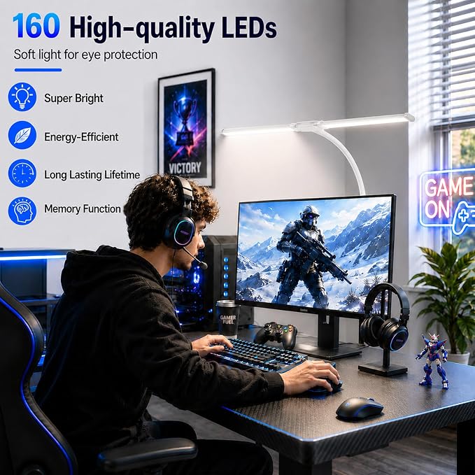 Desk Lamps for Home Office, Computer Light Bar, Double Head, White | Eye-Care Architect Light with Clamp, 3 Color Modes 10 Brightness, Adjustable for Reading, Study, Workbench - Image 5