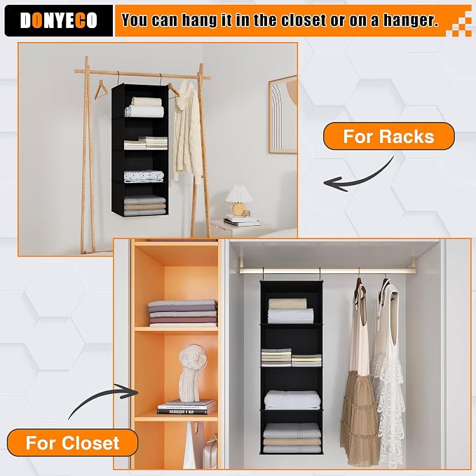 Hanging Closet Organizer 4-Shelf, Oxford Fabric Wardrobe Storage, Black | Easy-mount foldable design holds clothes, handbags, shoes & accessories; washable Oxford fabric, sturdy and space-saving. - Image 5