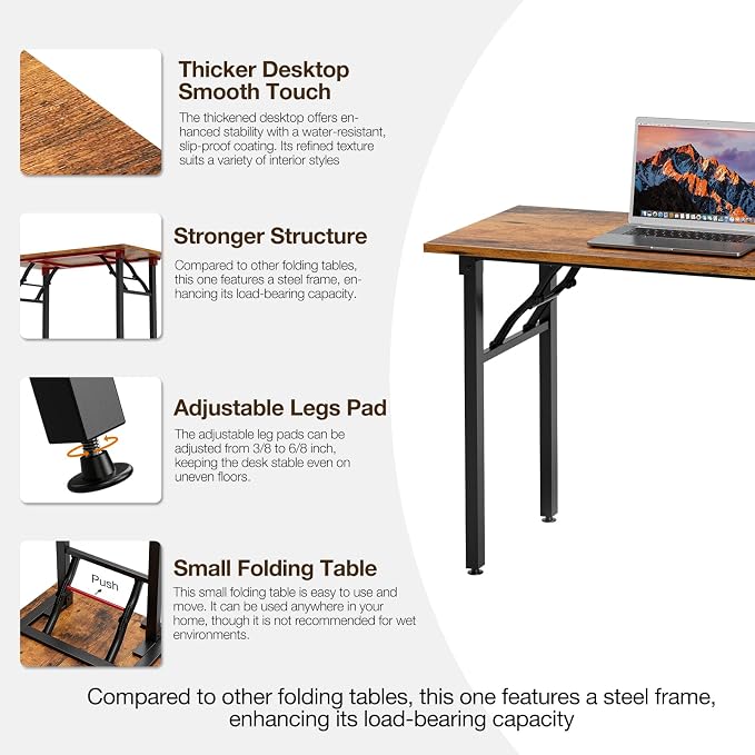 TEMI Long Computer Desk Folding Table - 55.1 Foldable Office Desk, No Assembly, Perfect Writing Table for Bedroom, Dorm, or Apartment, Portable Large Desk or Study Table with Compact Design, Brown - Image 6